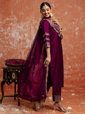 Purple color viscose rayon   fabric readymade kurta set with designer embroidery work 5
