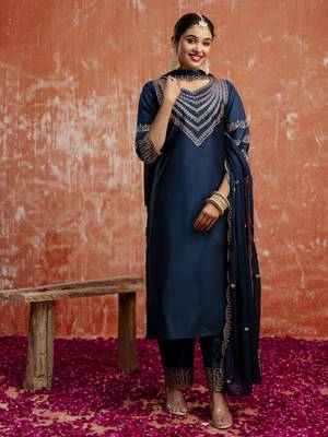 Teal blue color viscosee rayon readymade kurta set with embroidery  1