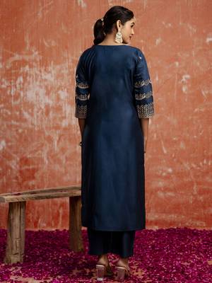 Teal blue color viscosee rayon readymade kurta set with embroidery  2