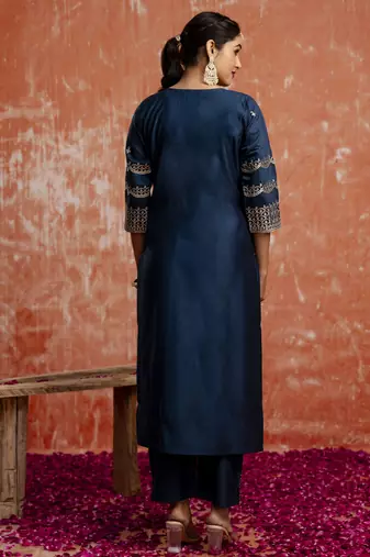 Teal blue color viscosee rayon readymade kurta set with embroidery 