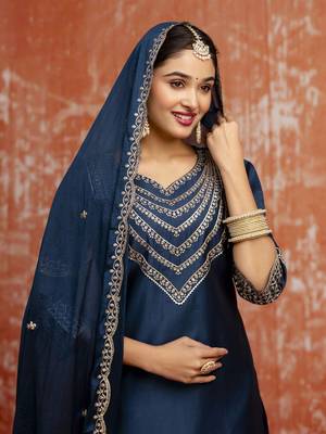Teal blue color viscosee rayon readymade kurta set with embroidery  3