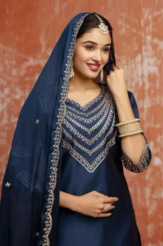 Teal blue color viscosee rayon readymade kurta set with embroidery 