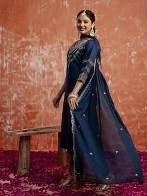Teal blue color viscosee rayon readymade kurta set with embroidery  4