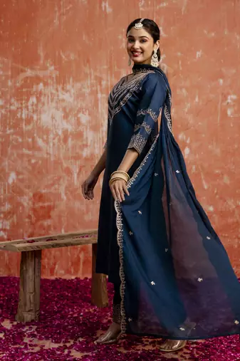 Teal blue color viscosee rayon readymade kurta set with embroidery 
