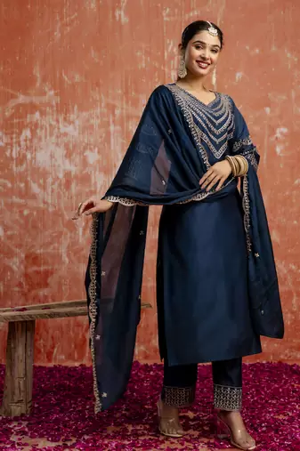 Teal blue color viscosee rayon readymade kurta set with embroidery 
