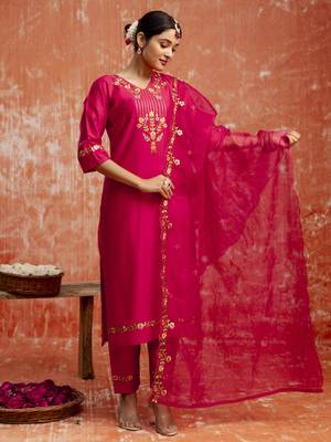 Pink color viscosee rayon readymade kurta set with embroidery  1