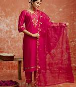 Pink color viscosee rayon fabric readymade kurta set with embroidery work