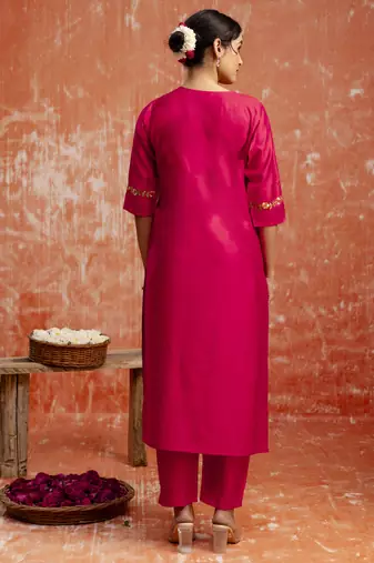 Pink color viscosee rayon readymade kurta set with embroidery 