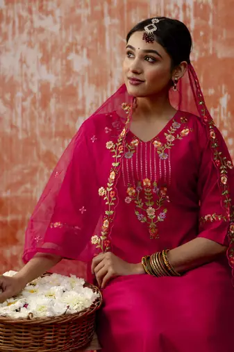 Pink color viscosee rayon readymade kurta set with embroidery 