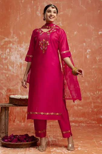 Pink color viscosee rayon readymade kurta set with embroidery 