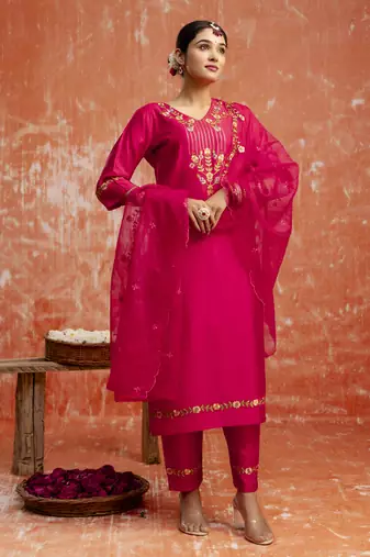 Pink color viscosee rayon readymade kurta set with embroidery 