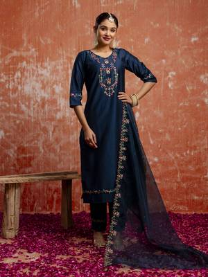 Blue color viscosee rayon readymade kurta set with embroidery  1