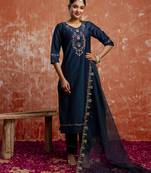 Blue color viscosee rayon fabric readymade kurta set with embroidery work
