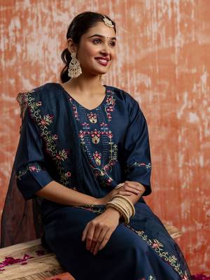 Blue color viscosee rayon readymade kurta set with embroidery  3
