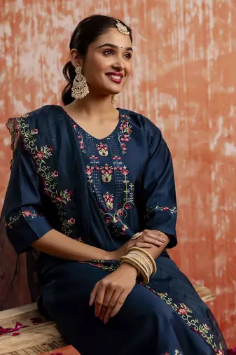 Blue color viscosee rayon readymade kurta set with embroidery 