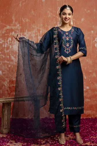 Blue color viscosee rayon readymade kurta set with embroidery 