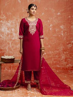 Maroon color viscose rayon   fabric readymade kurta set with designer embroidery work 1