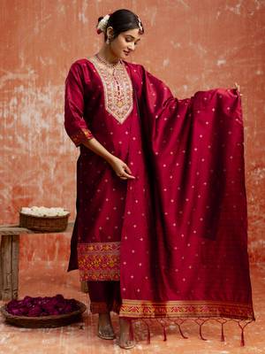 Maroon color cotton silk blend readymade kurta set with embroidery  1