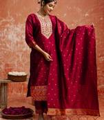 Maroon color cotton silk blend  fabric readymade kurta set with designer embroidery work