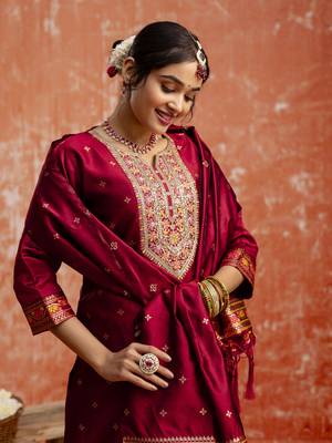 Maroon color cotton silk blend readymade kurta set with embroidery  3