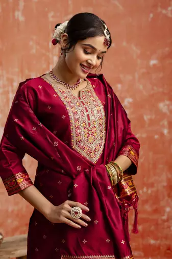 Maroon color cotton silk blend readymade kurta set with embroidery 