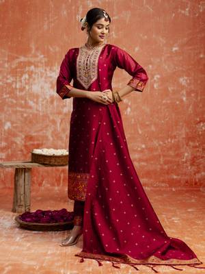 Maroon color cotton silk blend readymade kurta set with embroidery  4