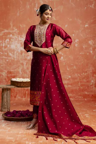 Maroon color cotton silk blend readymade kurta set with embroidery 