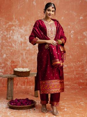 Maroon color cotton silk blend readymade kurta set with embroidery  5