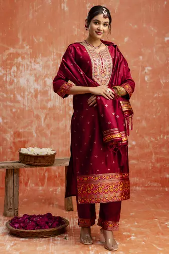 Maroon color cotton silk blend readymade kurta set with embroidery 