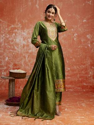 Mahendi color cotton silk blend  fabric readymade kurta set with designer embroidery work 1