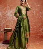 Mahendi color cotton silk blend  fabric readymade kurta set with designer embroidery work