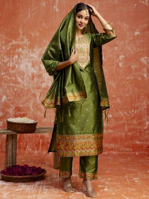 Mahendi color cotton silk blend  fabric readymade kurta set with designer embroidery work 4