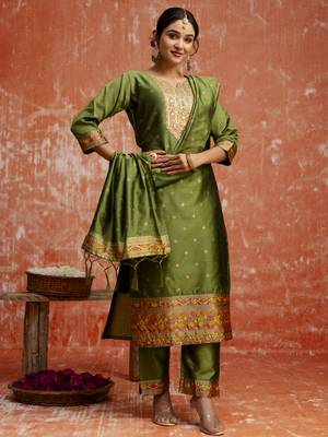 Mahendi color cotton silk blend  fabric readymade kurta set with designer embroidery work 5