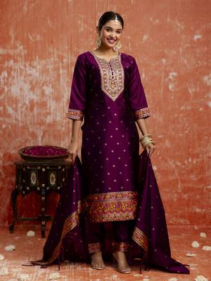 Purple color cotton silk blend  fabric readymade kurta set with designer embroidery work 1