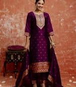 Purple color cotton silk blend  fabric readymade kurta set with designer embroidery work