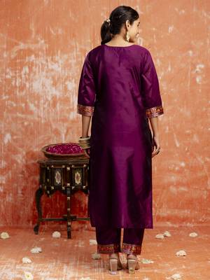 Purple color cotton silk blend  fabric readymade kurta set with designer embroidery work 2