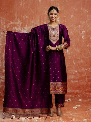 Purple color cotton silk blend  fabric readymade kurta set with designer embroidery work 4