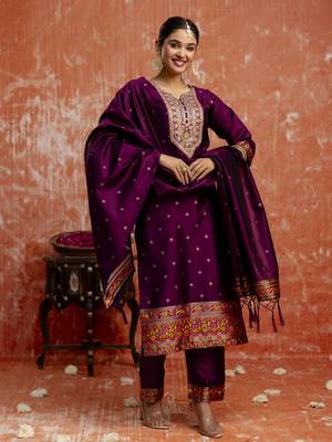 Purple color cotton silk blend  fabric readymade kurta set with designer embroidery work 5