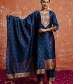 Blue color cotton silk blend  fabric readymade kurta set with designer embroidery work