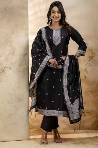 Black color cotton blend weaving jacquard ceremonial readymade suit