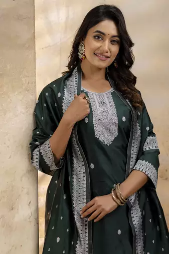 Green color cotton blend weaving jacquard ceremonial readymade suit