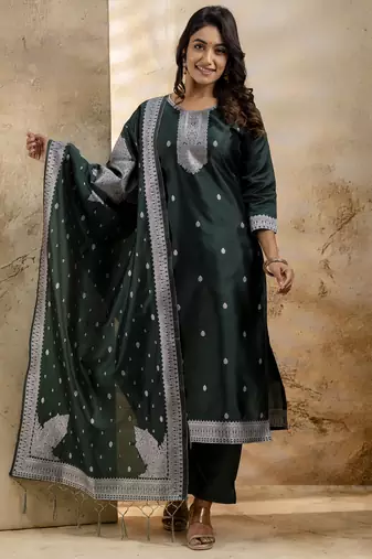 Green color cotton blend weaving jacquard ceremonial readymade suit
