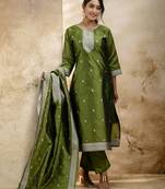 Mahendi color cotton blend fabric weaving jacquard designer ceremonial readymade suit