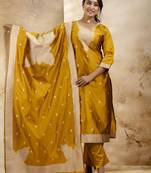 Yellow color cotton blend fabric weaving jacquard designer ceremonial readymade suit