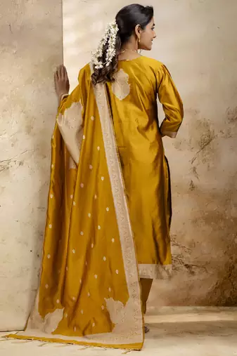 Yellow color cotton blend weaving jacquard ceremonial readymade suit