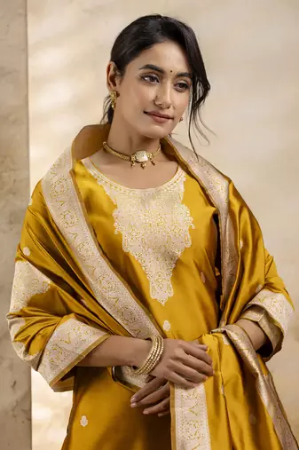 Yellow color cotton blend weaving jacquard ceremonial readymade suit