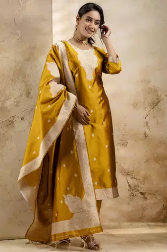 Yellow color cotton blend weaving jacquard ceremonial readymade suit