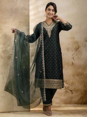 Green color chanderi silk embroidery ceremonial readymade suit 1