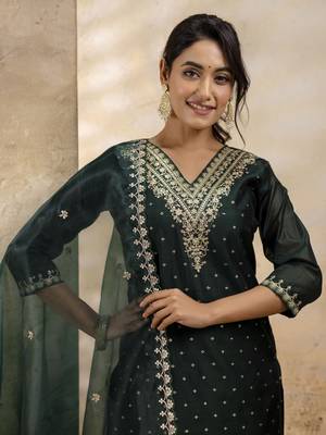 Green color chanderi silk embroidery ceremonial readymade suit 3