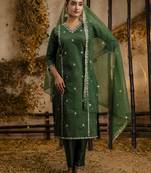 Green color silk blend fabric designer embroidery work ceremonial readymade suit